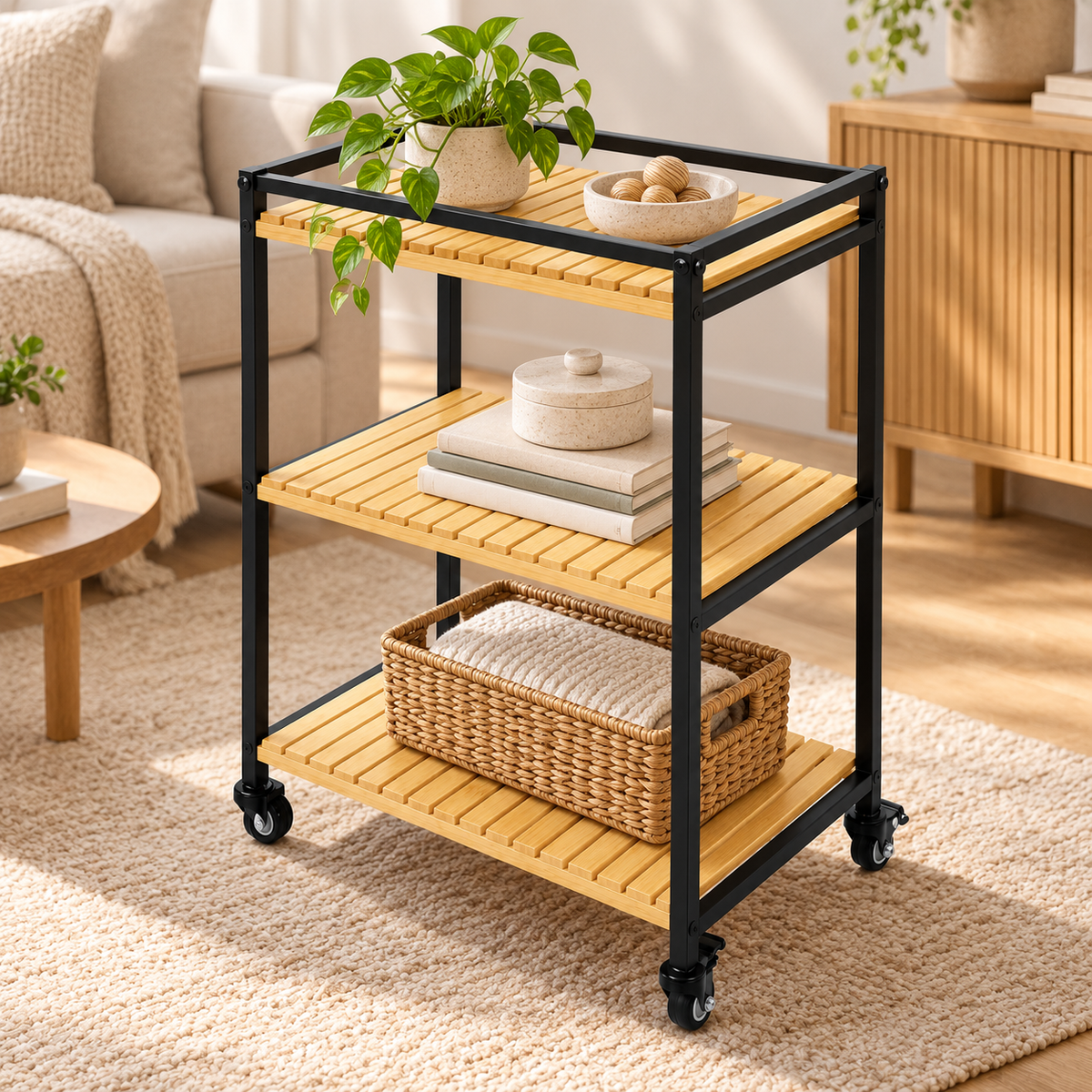 3-Tier Bamboo Rolling Storage Cart