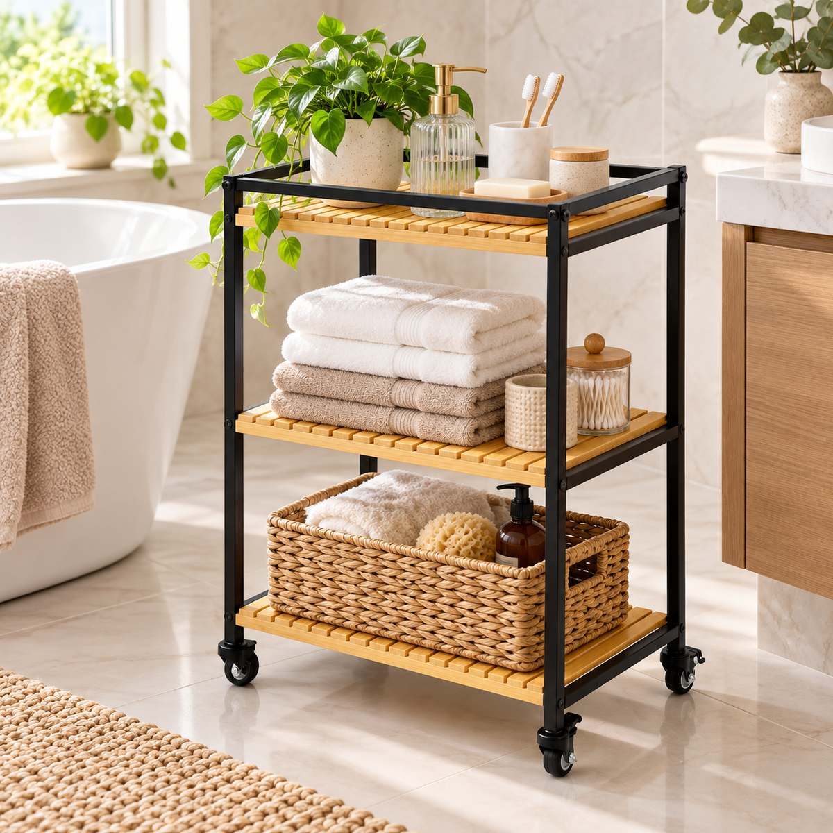 3-Tier Bamboo Rolling Storage Cart – view 4