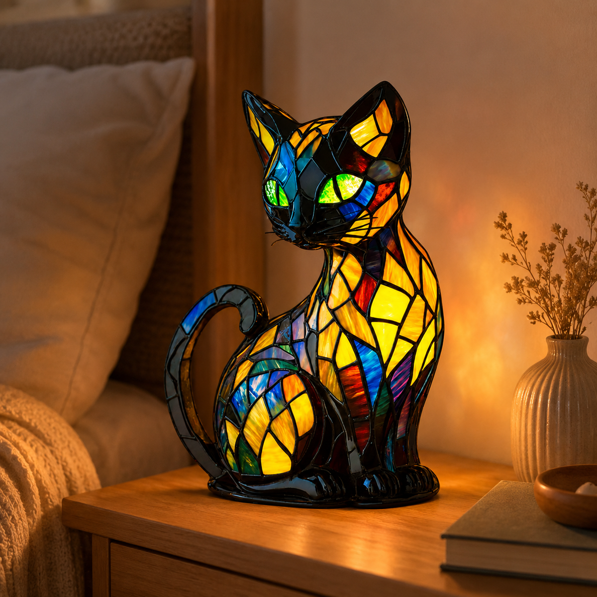 Stained Glass Style Cat Lamp