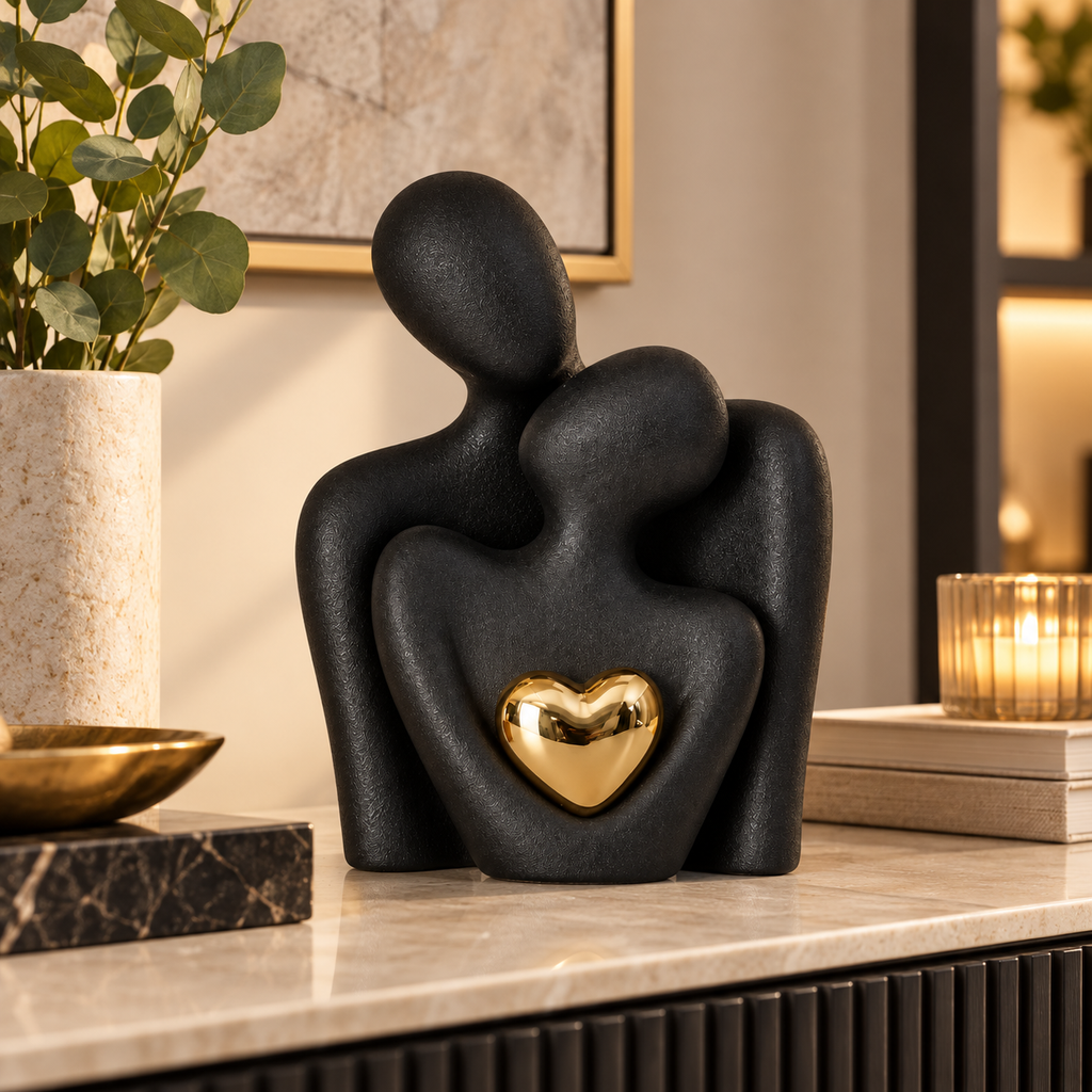 Ceramic Embracing Couple Sculpture – Black