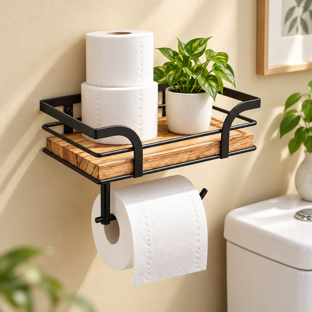 Iron Frame Wall-Mounted Bathroom Shelf with Toilet Paper Holder – view 4