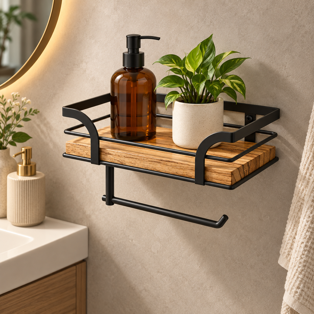 Iron Frame Wall-Mounted Bathroom Shelf with Toilet Paper Holder – view 2
