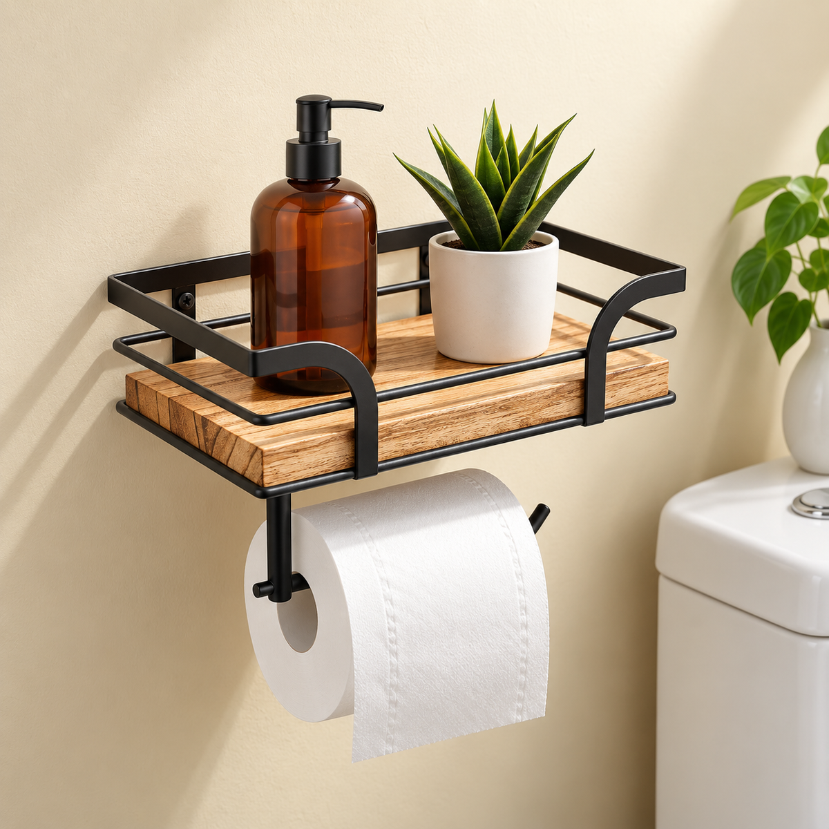 Iron Frame Wall-Mounted Bathroom Shelf with Toilet Paper Holder – view 3