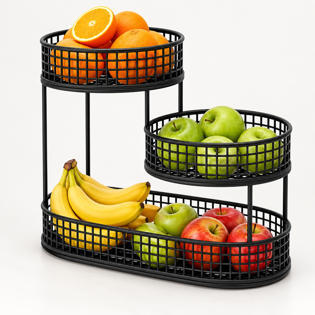 Two-Tier Metal Fruit Basket Stand – Black