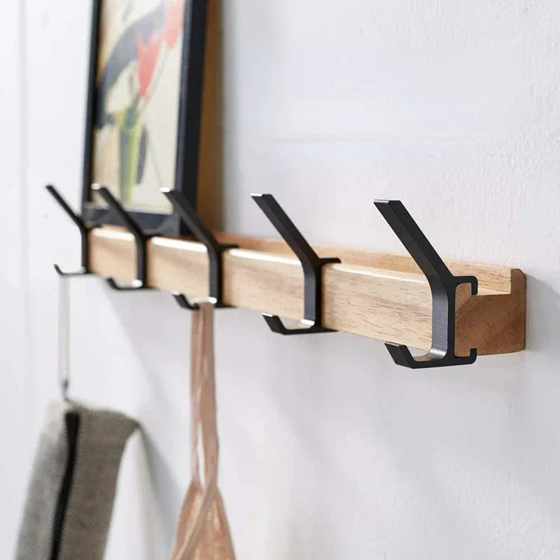 Wall-Mounted Wooden Coat Rack with Matte Black Hooks