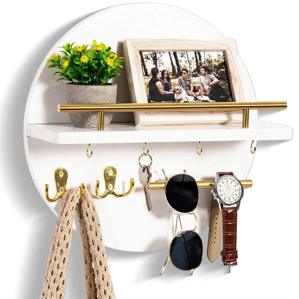 Round Wooden Wall Organizer with Shelf & Key Hooks – White/Gold