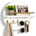 Round Wooden Wall Organizer with Shelf & Key Hooks – White/Gold