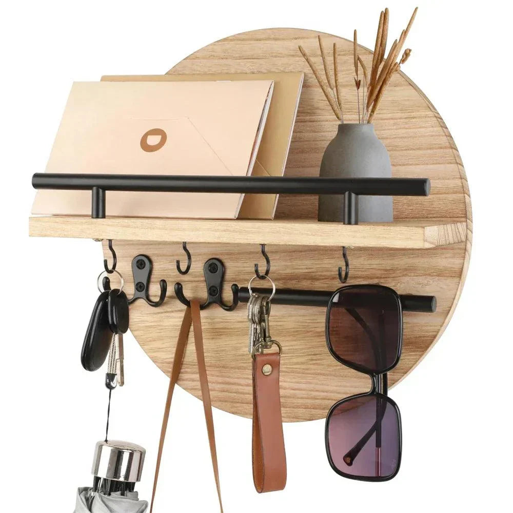 Round Wooden Wall Organizer with Shelf & Key Hooks – Beige/Black