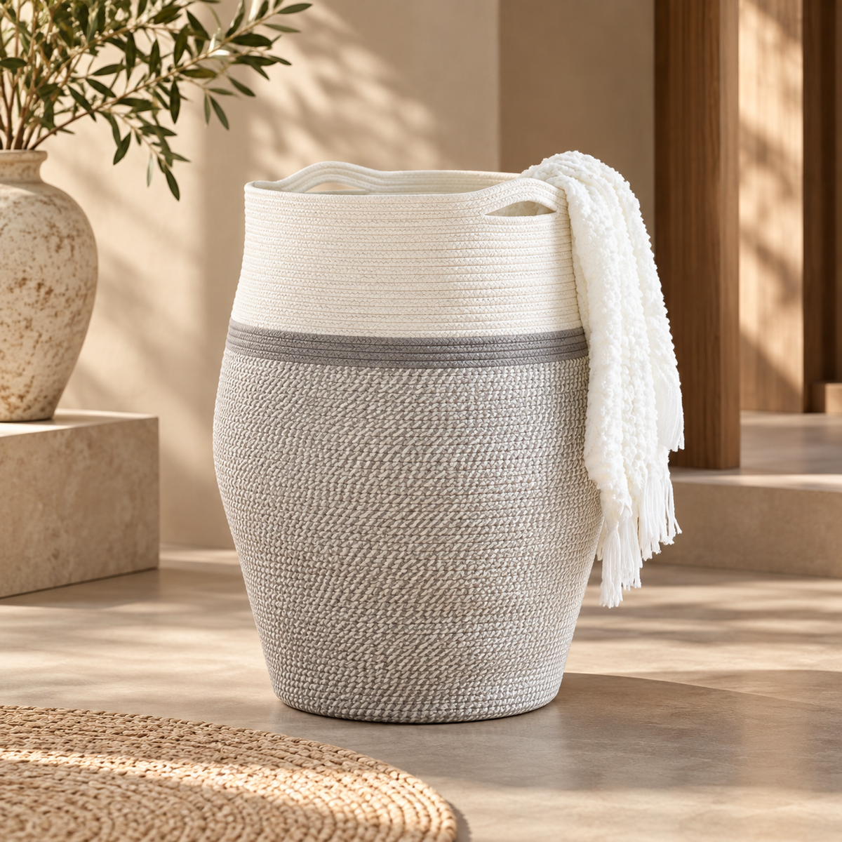 Tall Woven Cotton Rope Basket with Handles