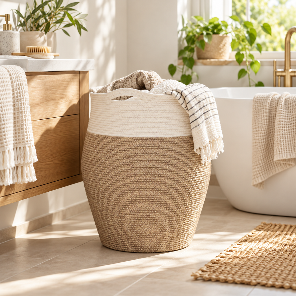 Tall Woven Cotton Rope Basket with Handles – view 6
