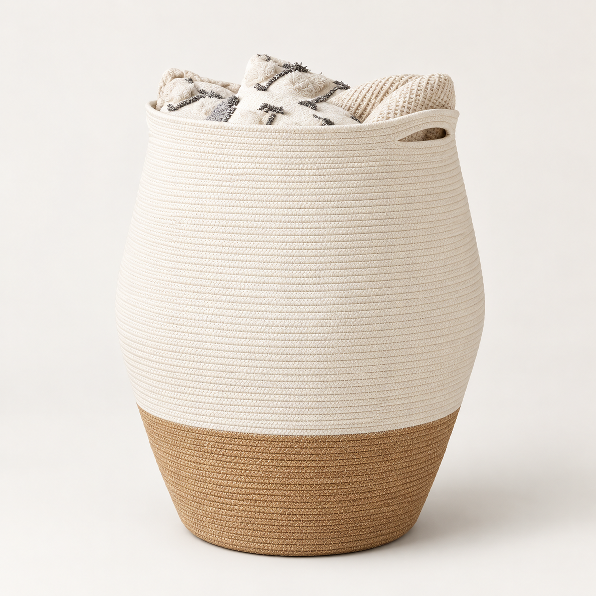 Tall Woven Cotton Rope Basket with Handles – Beige