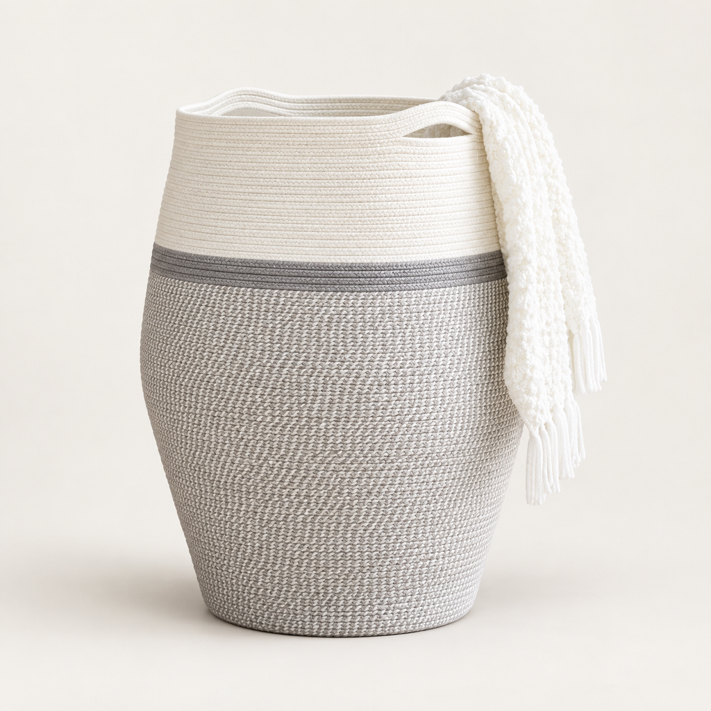 Tall Woven Cotton Rope Basket with Handles – Gray