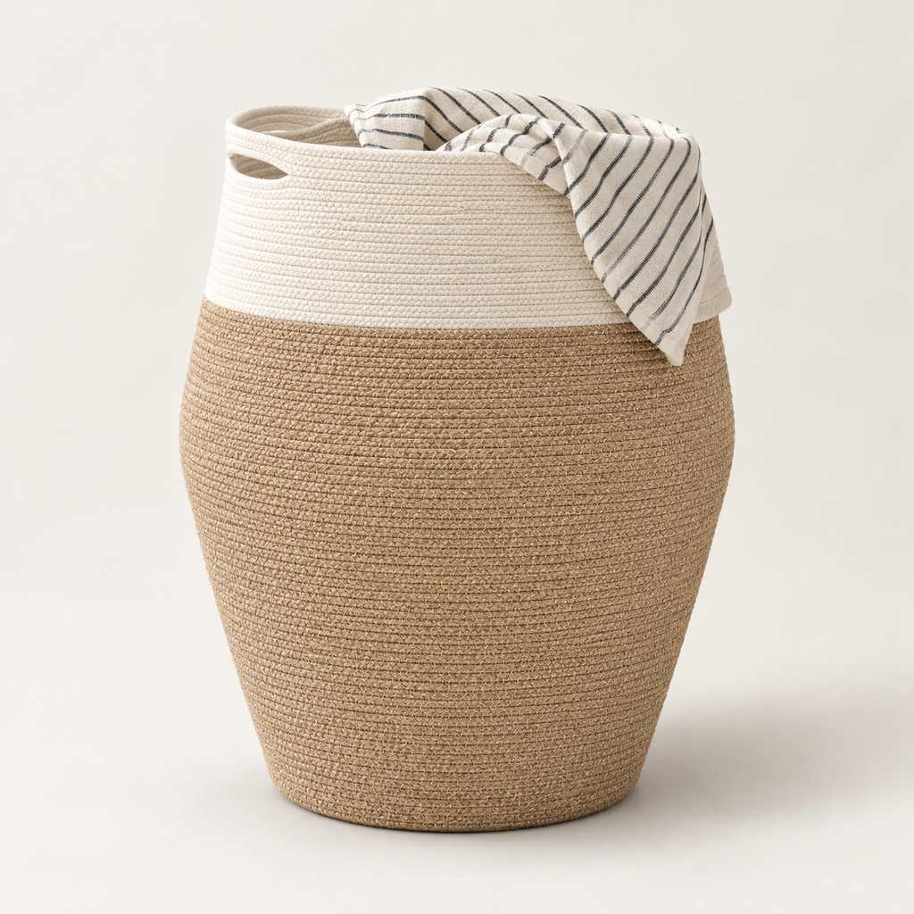 Tall Woven Cotton Rope Basket with Handles – Light Brown