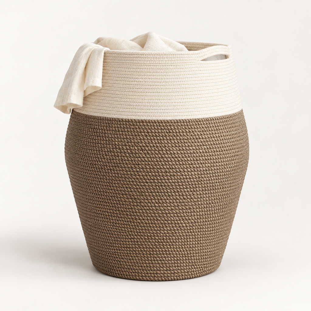 Tall Woven Cotton Rope Basket with Handles – Brown