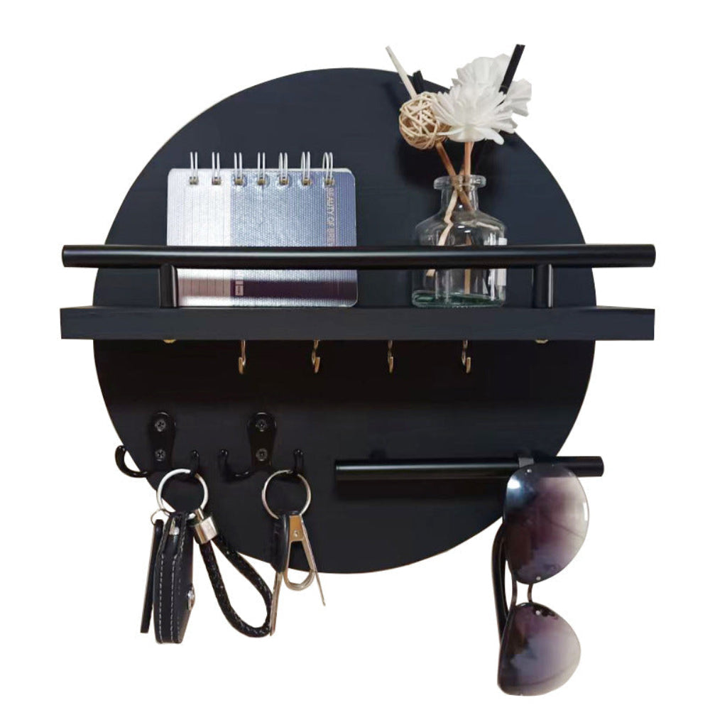 Round Wooden Wall Organizer with Shelf & Key Hooks – Black