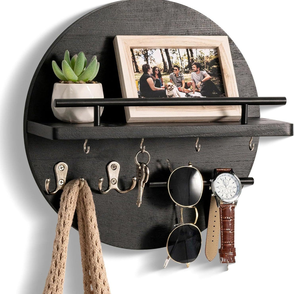Round Wooden Wall Organizer with Shelf & Key Hooks – Black/Gold