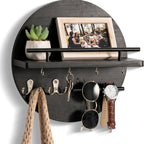 Round Wooden Wall Organizer with Shelf & Key Hooks – Black/Gold
