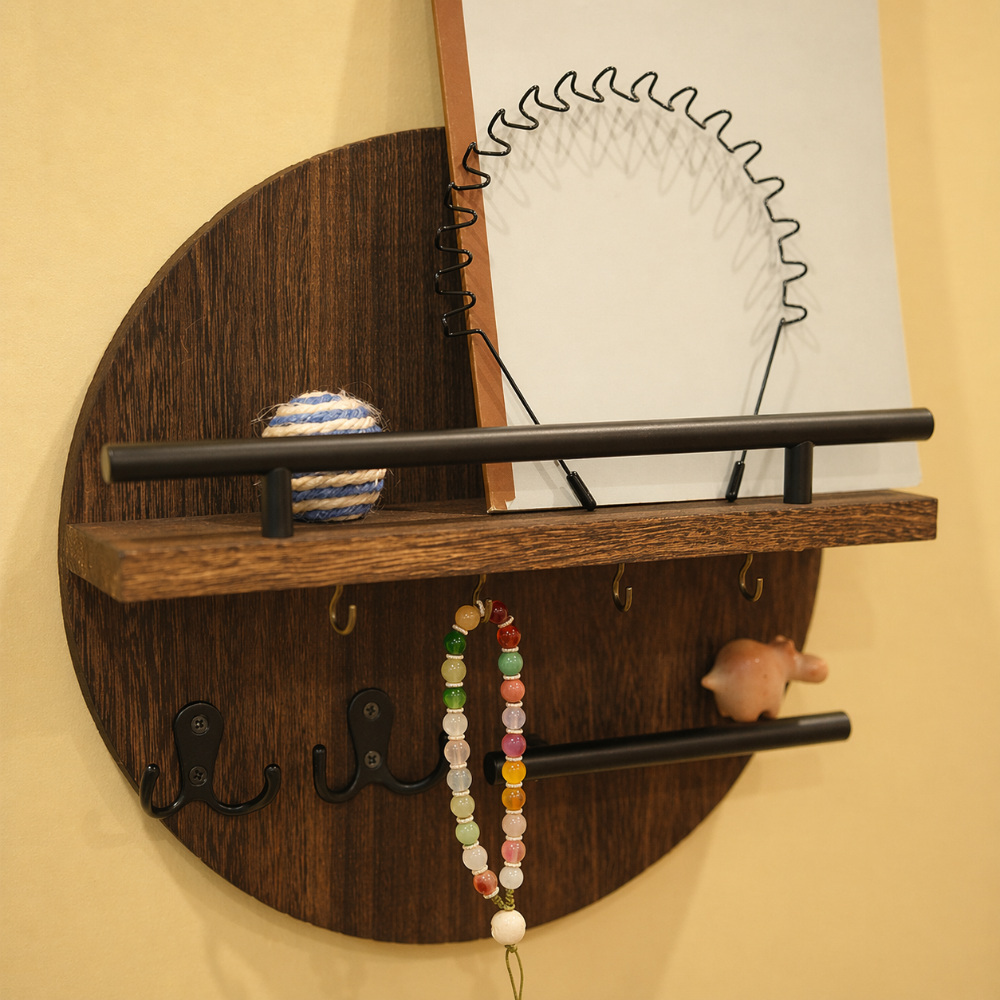 Round Wooden Wall Organizer with Shelf & Key Hooks – Brown/Black