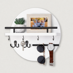 Round Wooden Wall Organizer with Shelf & Key Hooks – White/Black